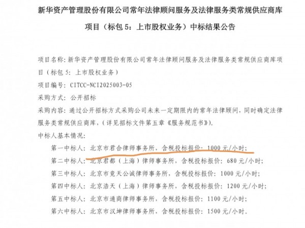 北京市君合律师事务所1000元/小时中标新华资产管理股份有限公司