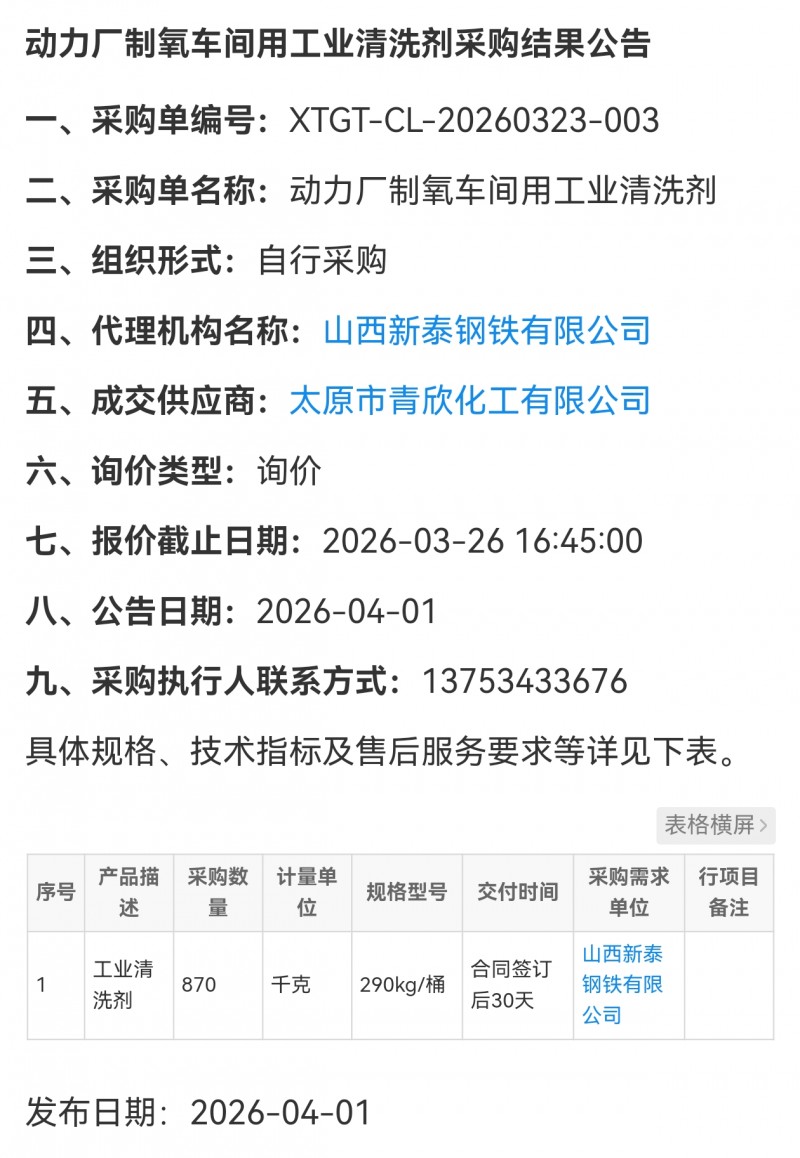 太原青欣化工中标山西新泰钢铁清洗剂