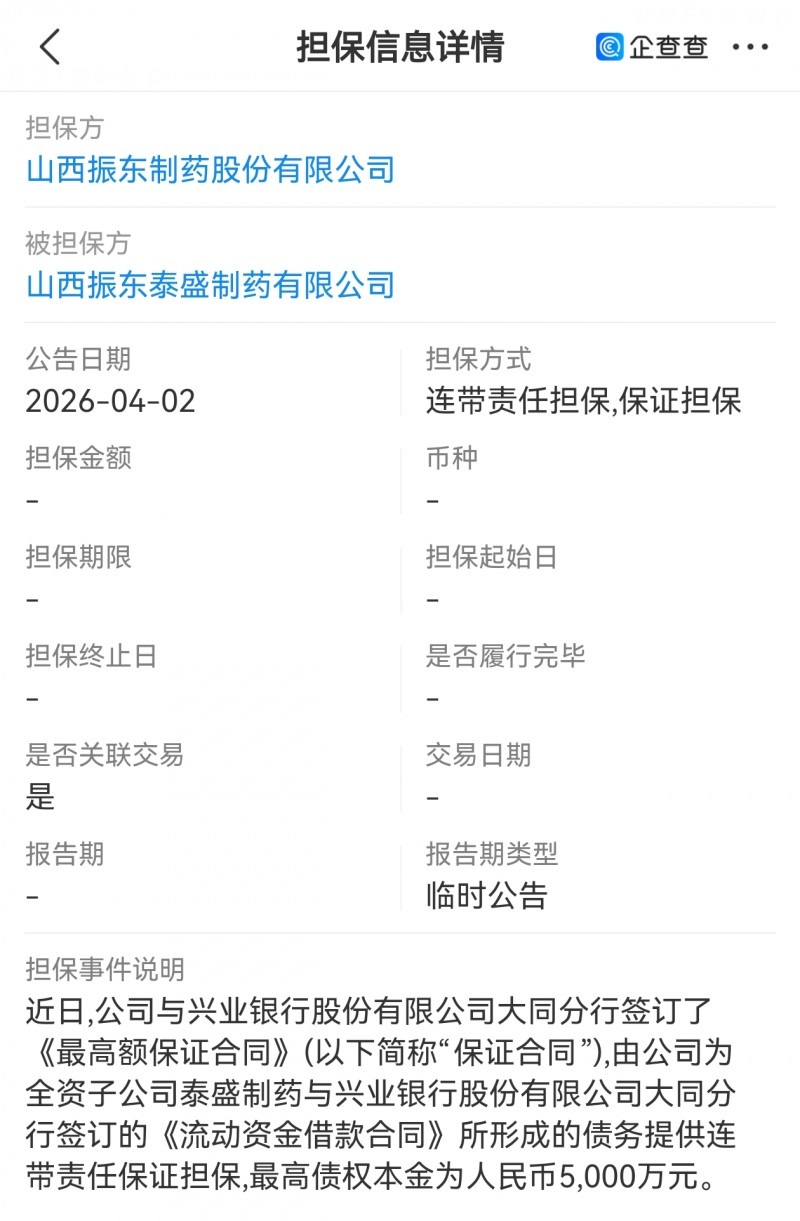 振东制药为泰盛制药提供最高5000万担保