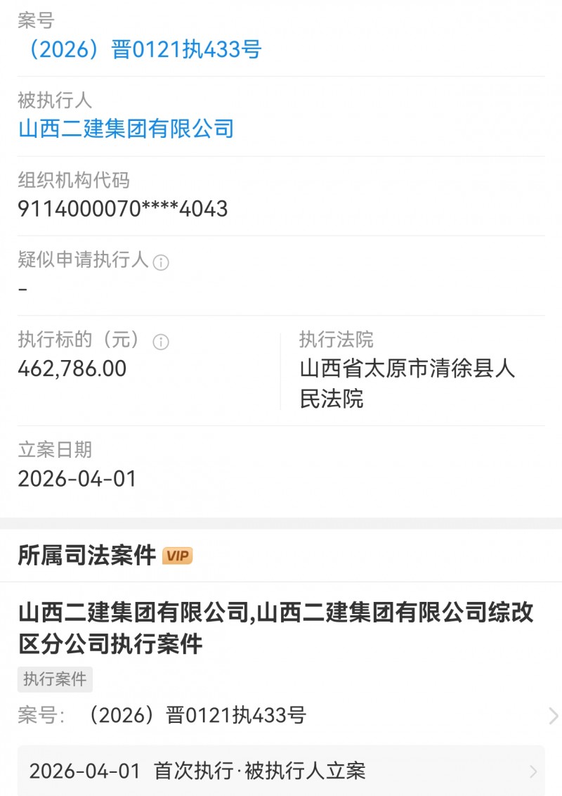 山西二建集团被清徐县法院执行46万多