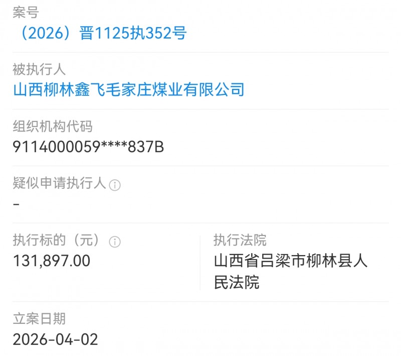 山西柳林鑫飞毛家庄煤业被执行13.1万多