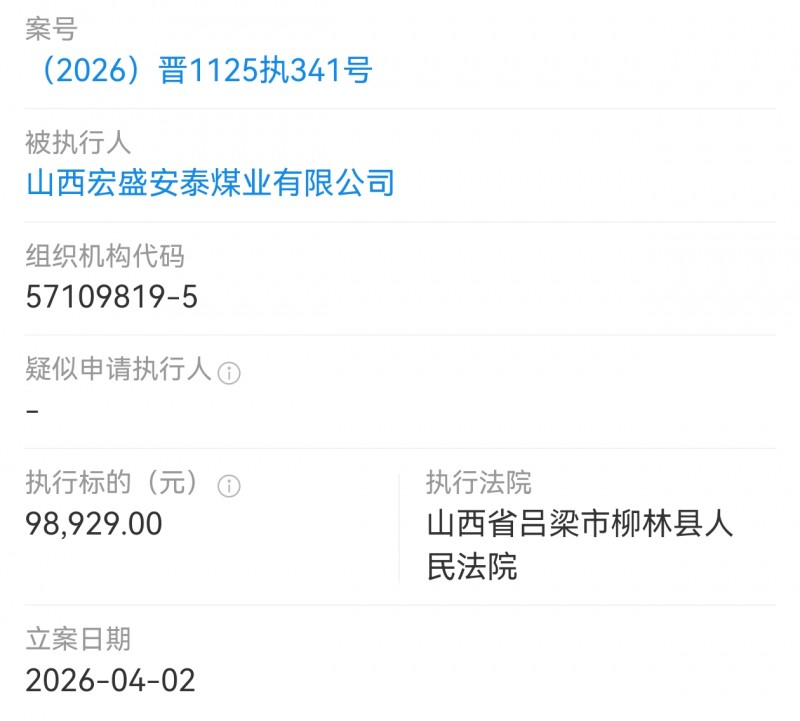山西宏盛安泰煤业被柳林县法院执行9.8万多