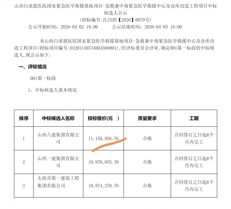 山西一建集团1100多万中标山西白求恩医院国家紧急医学救援基地项目