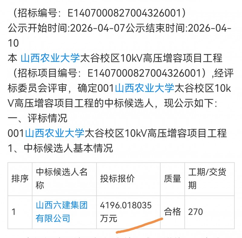 山西六建集团4100万中标山西农业大学太谷校区工程