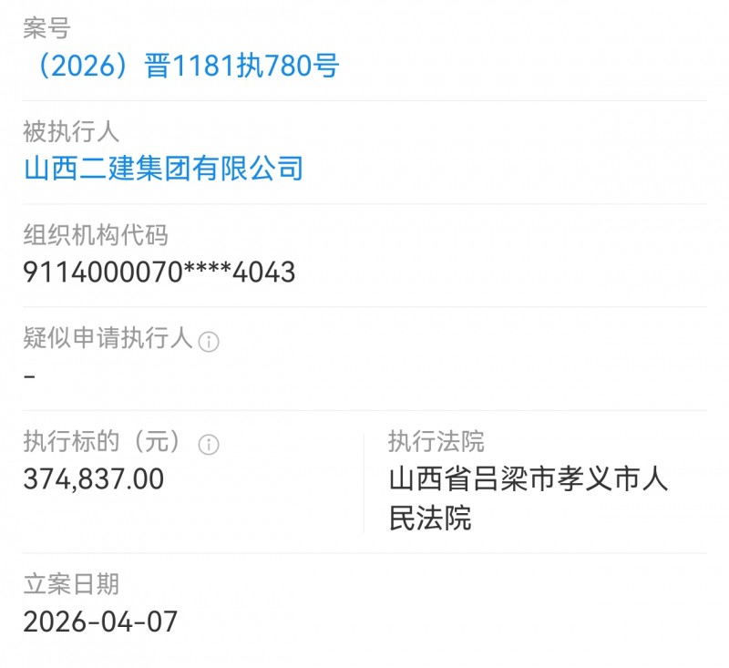 山西二建集团被吕梁孝义市法院执行37万多