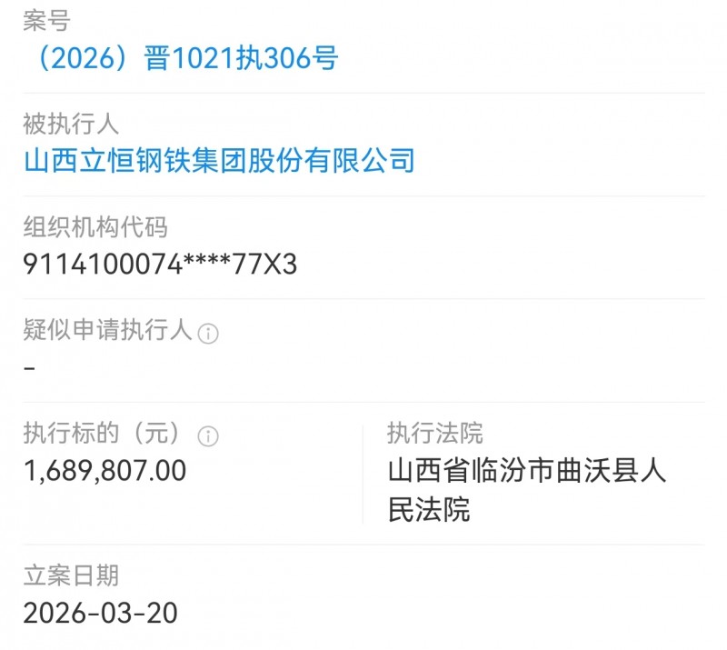 山西立恒钢铁被执行169万
