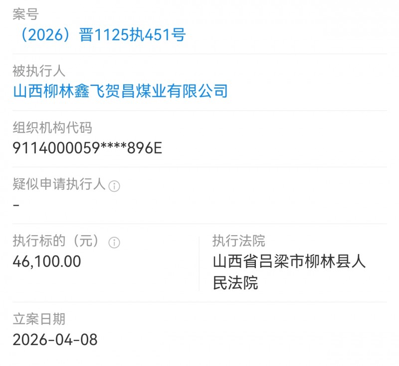 山西柳林鑫飞贺昌煤业被执行4.6万多