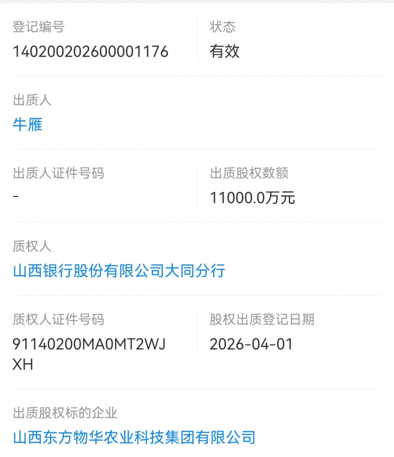 山西东方物华农业科技大股东出质股权1.1亿