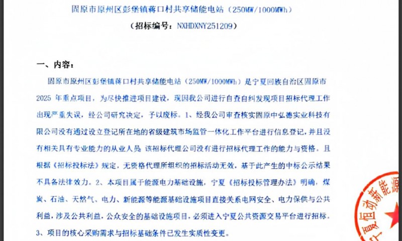 宁夏固原14.5亿储能项目废标 原因是招标代理工作严重失误
