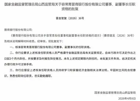 容常青重回晋商银行,获批担任董事、副董事长