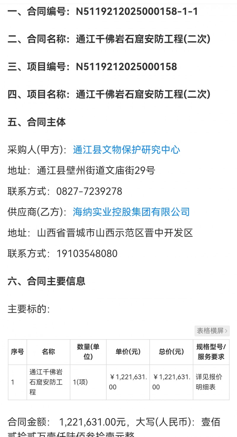 山西海纳实业控股120多万中标千佛崖石窟安防工程