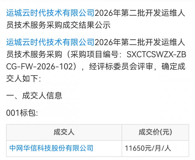 中网华信11650每人中标运城云时代技术