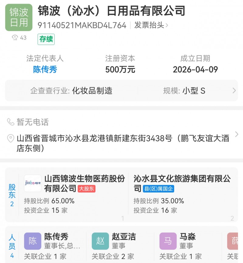 锦波生物在创始人杨霞老家沁水县与国企设立日用品公司