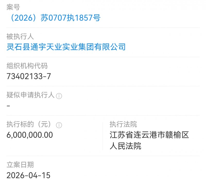 灵石县通宇天业实业集团新增被执行人信息，执行标的600万元