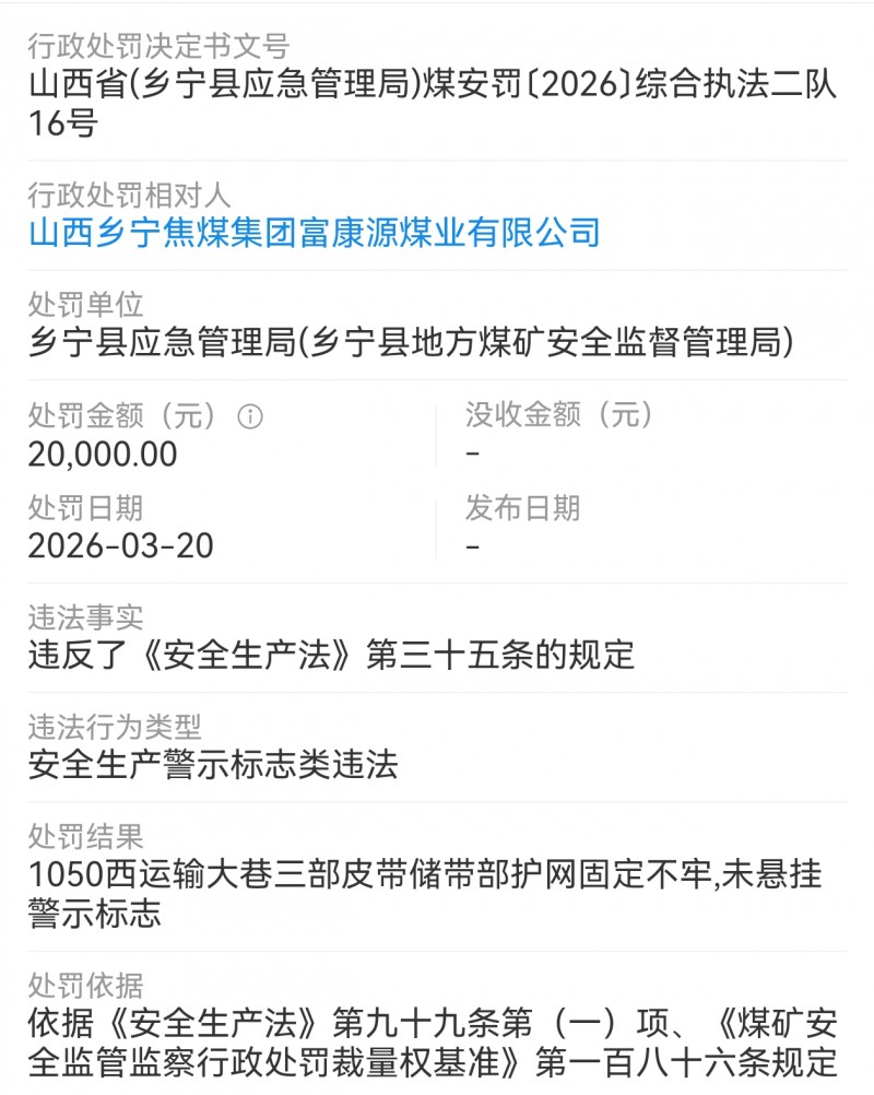 山西乡宁富康源煤业被处罚2万元