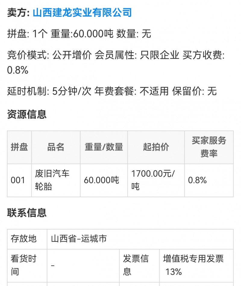 山西建龙实业拍卖60吨废旧汽车轮胎