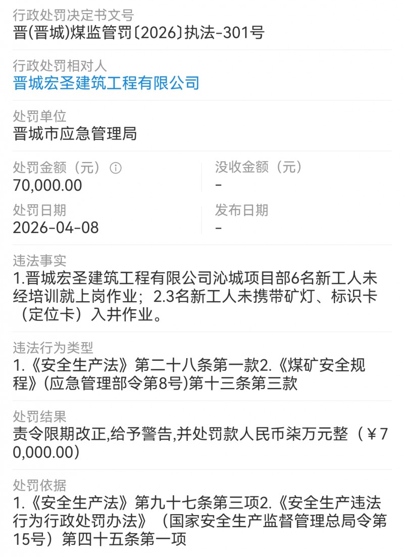 山西晋城宏圣建筑工程公司被应急管理局处罚7万