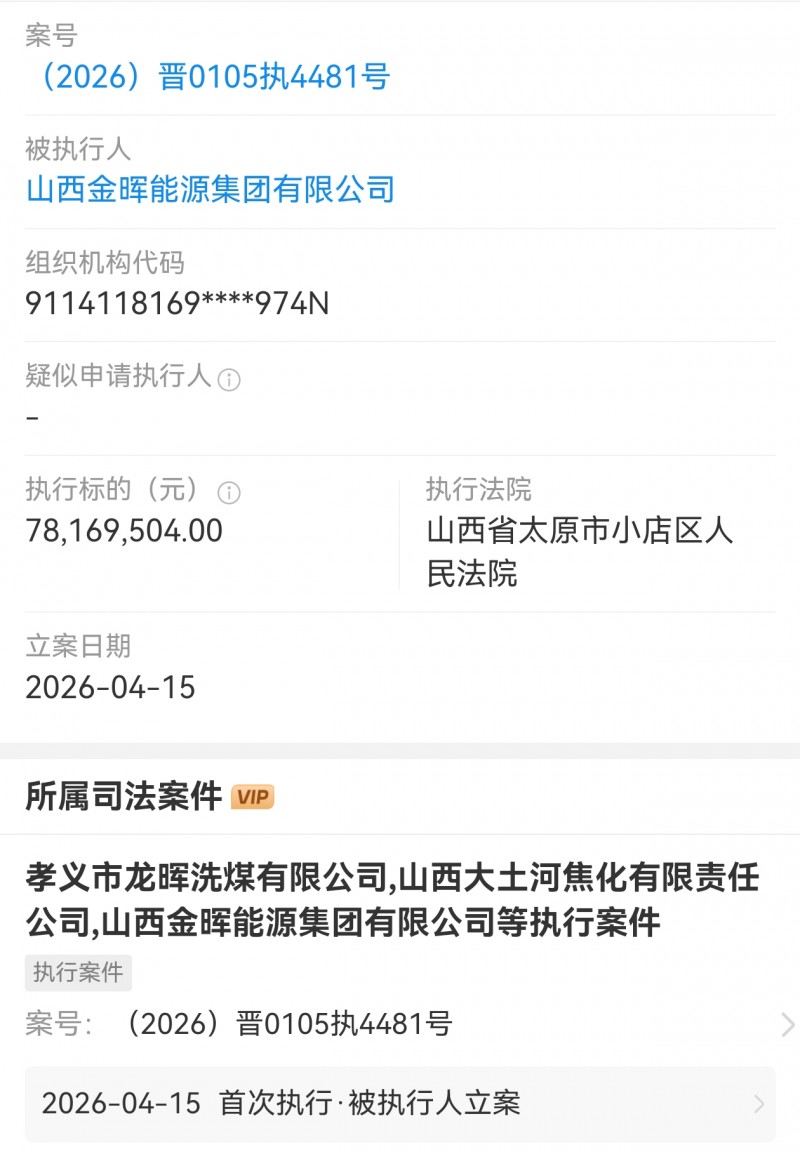 山西金晖能源集团被执行7800多万