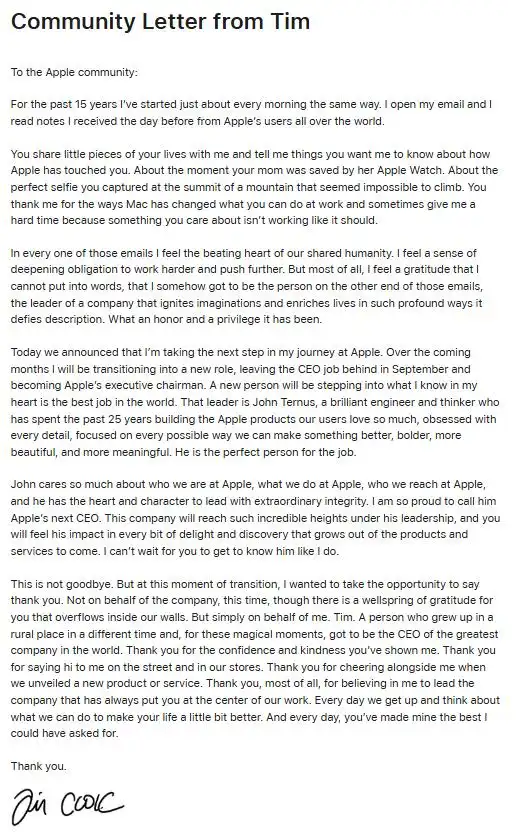 苹果官宣：库克9月卸任CEO，特努斯接任