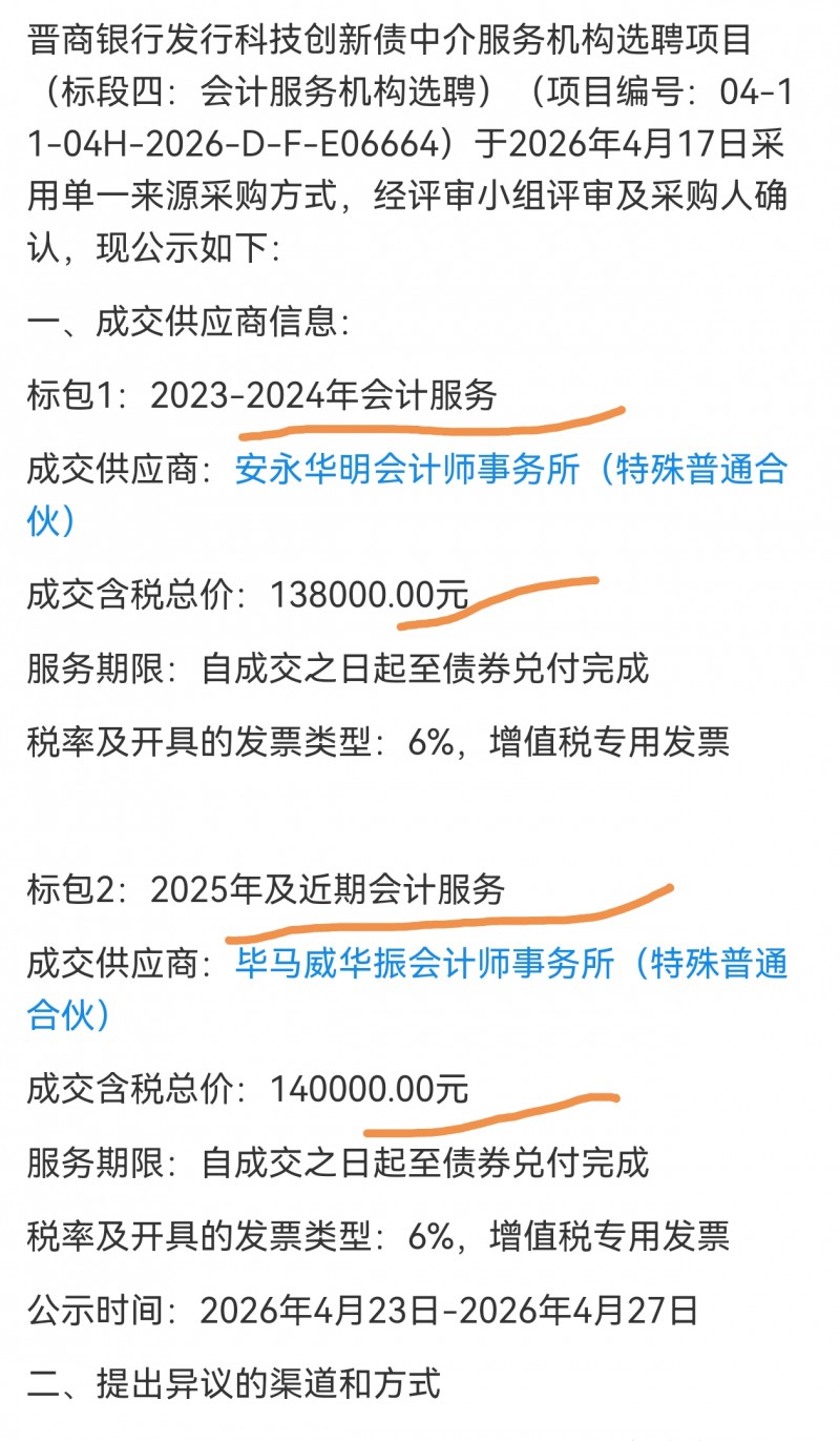 安永华明 毕马威华振成为晋商银行会计服务供应商