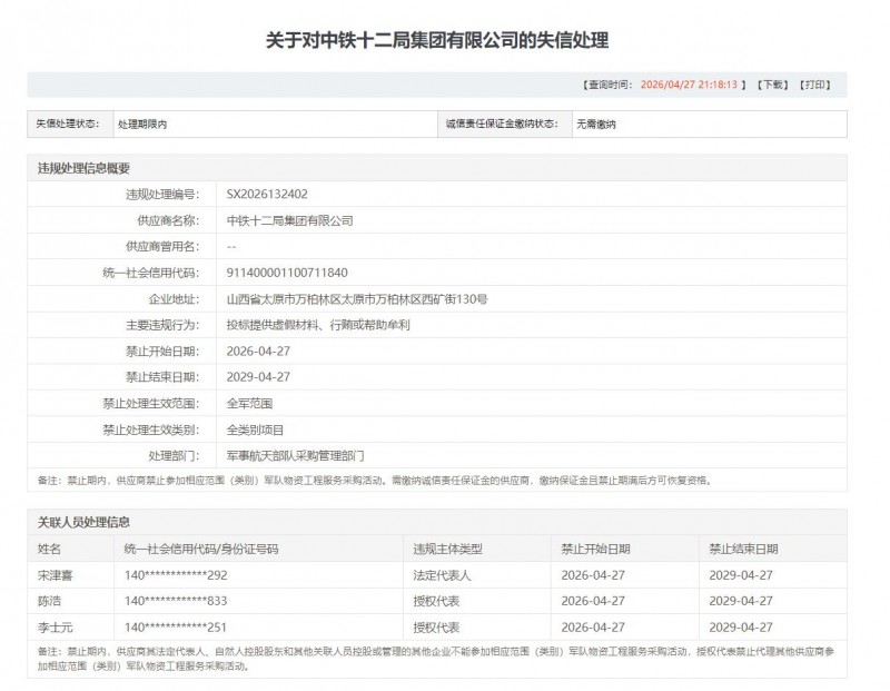 围标、行贿、质量失守 中铁十二局面临全面军采封锁2