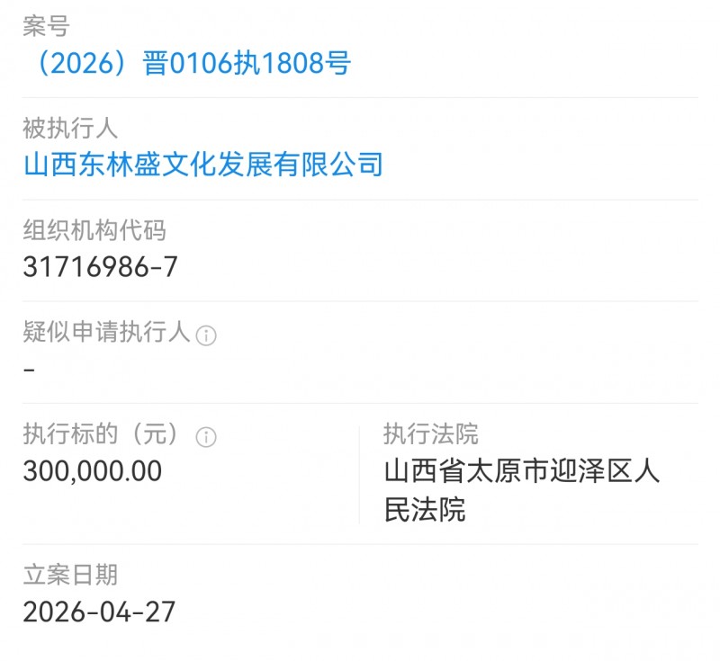 山西东林盛文化被太原迎泽区法院执行30万